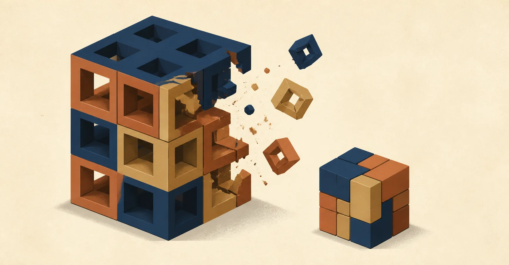 Isometric illustration of a bulky hollow block structure eroding into scattered pieces beside a compact, tightly packed cube.